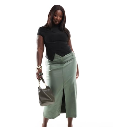 Yours PU midaxi skirt with front split in khaki