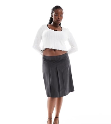ASOS DESIGN Curve knee length tailored pleated midi skirt in grey