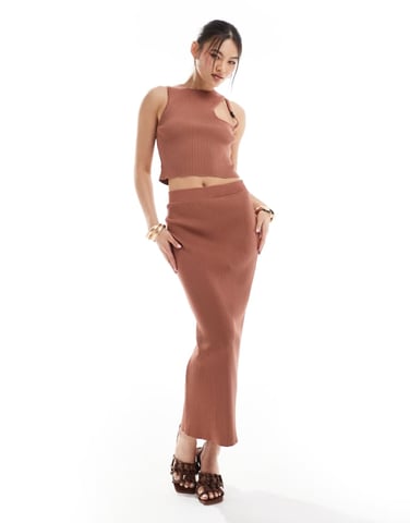 ASOS DESIGN stickad ribb midaxi kjol i brun co-ord