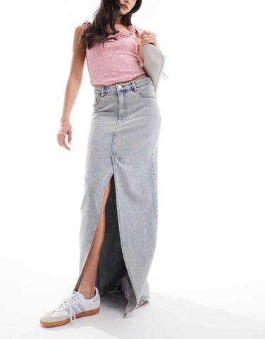 Monki midaxi denim skirt with front split in beige wash