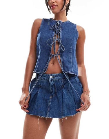 ONLY pleated denim mini skort in indigo wash