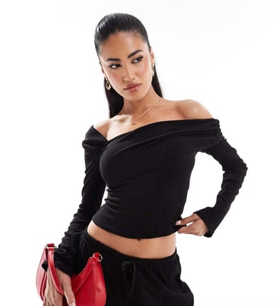 Kaiia exclusive ribbed asymmetric off shoulder long sleeve top co-ord in black
