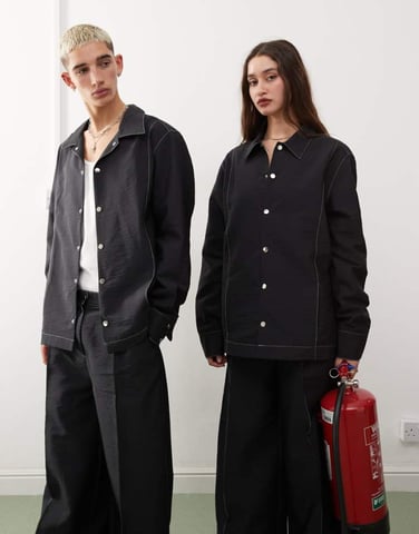 Reclaimed Vintage unisex overshirt in black nylon with contrast stitch