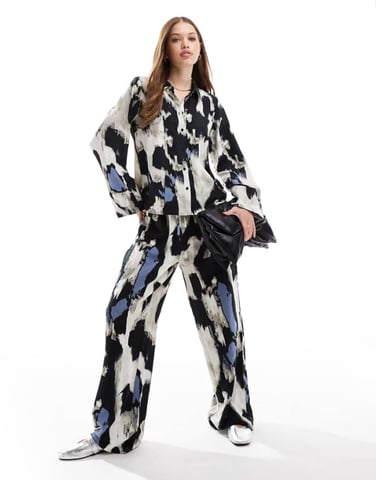 Vila satin wide leg trouser co-ord in blue graphic print