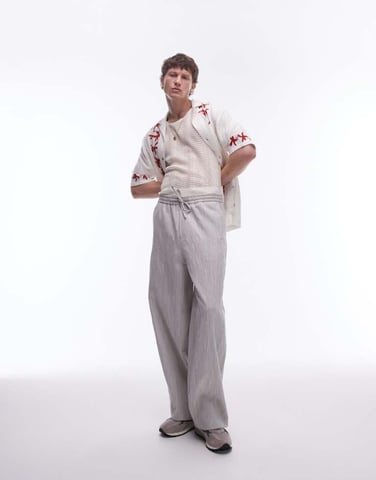 Topman premium wide leg textured trousers in stone