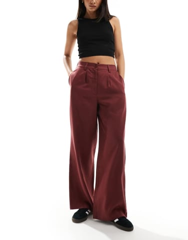 ASOS DESIGN wide leg dad trousers in washed burgundy