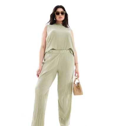 Vero Moda Curve plisse wide leg trouser co-ord in khaki
