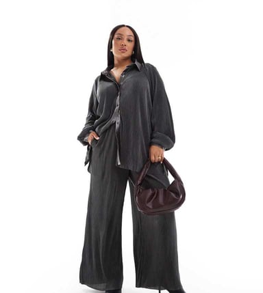 ONLY Curve wide leg plisse trousers co-ord in grey