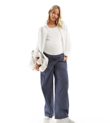 Mamalicious Maternity wide leg denim trousers in blue
