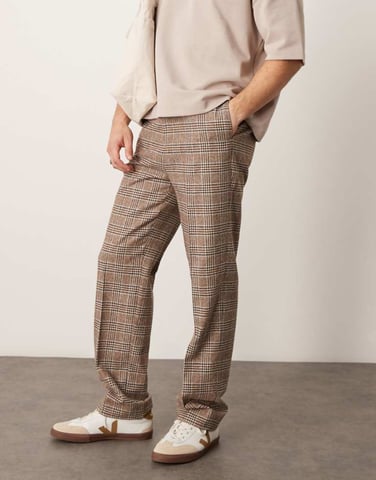 ASOS DESIGN smart high waist straight leg wool blend trousers in brown check