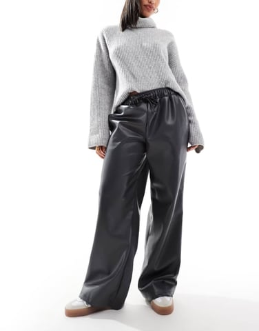 ASOS DESIGN faux leather wide leg pull on trousers in charcoal