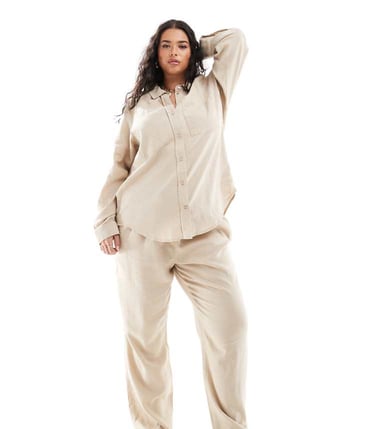 ONLY Curve linen mix pull on trousers co-ord in beige