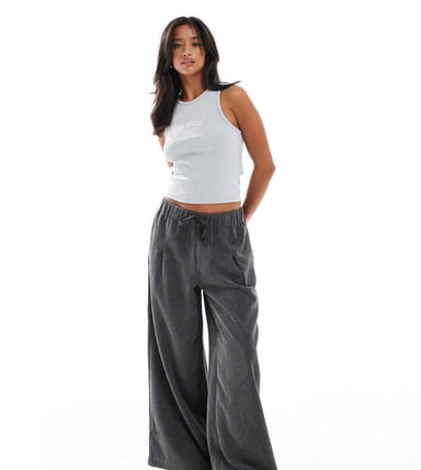 ASOS DESIGN Petite cord wide leg pull on trouser in grey
