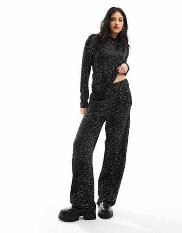 Pieces high waisted wide leg trousers co-ord in black paint splatter print