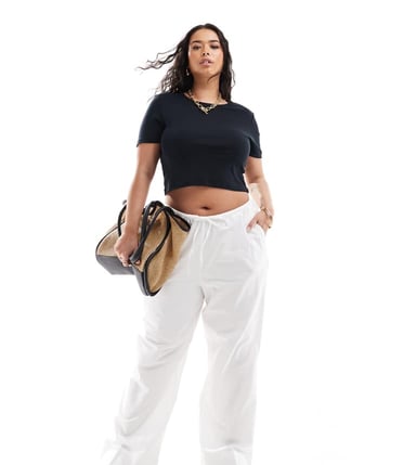 Vero Moda Curve tie waist wide leg trouser in white