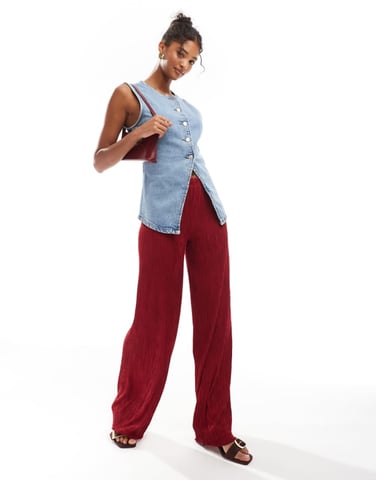ASOS DESIGN plisse wide leg pull on trousers in red