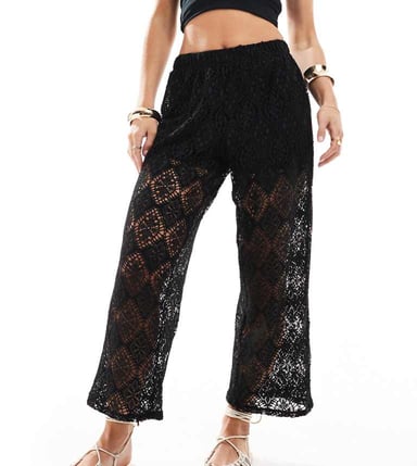 JDY Petite crochet wide leg trouser with short inscert in black
