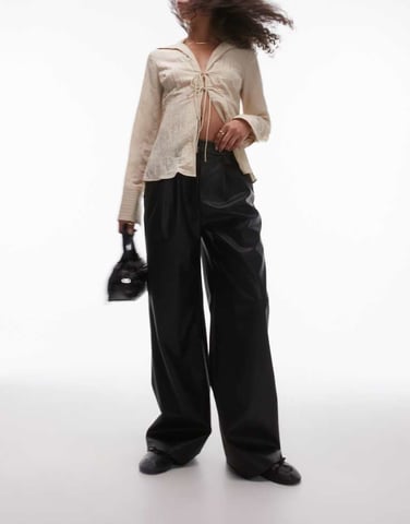 Topshop faux leather wide leg tailored trouser in black