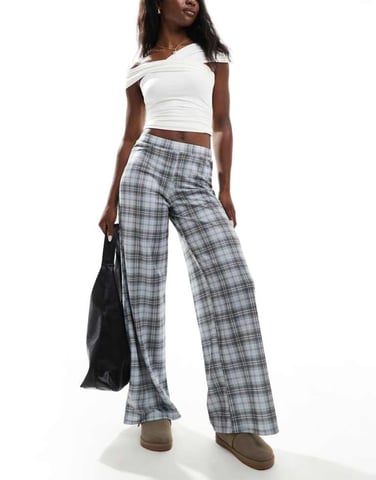 ASOS DESIGN textured wide leg pull on trousers in blue check