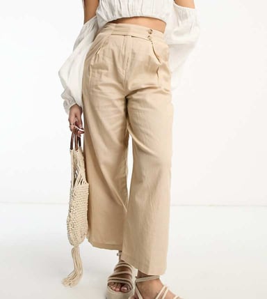 Vila Petite linen touch button tab wide leg trousers in beige