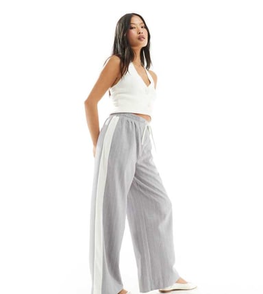 ASOS DESIGN Petite pull on trousers with contrast panel in grey stripe