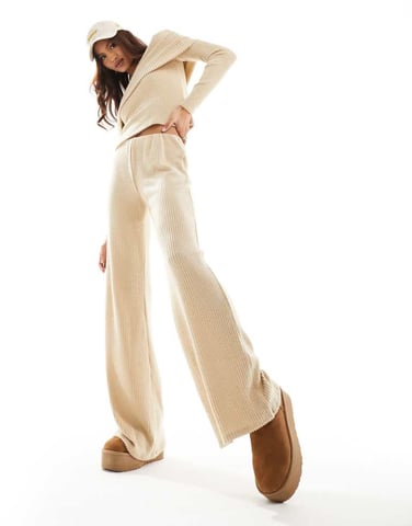 ASOS DESIGN co-ord rib wide leg trouser in sand
