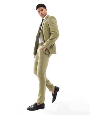 ASOS DESIGN skinny wool mix suit trouser in olive basketweave texture