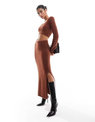 ASOS DESIGN maxi skirt co-ord in fluffy yarn in toffee co-ord