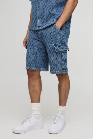 Relaxed Textured Denim Cargo Shorts