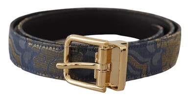Dolce & Gabbana Marinblå Jacquard Guldtonat Logometallspänne Bälte