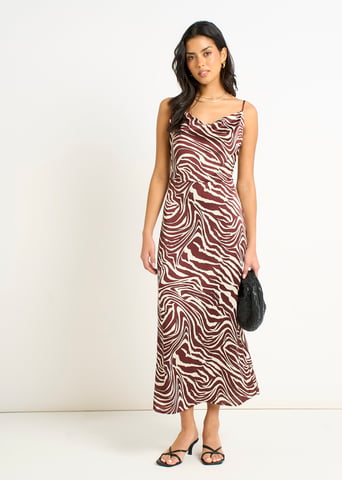Bordeauxrode midi-jurk met zebraprint en col