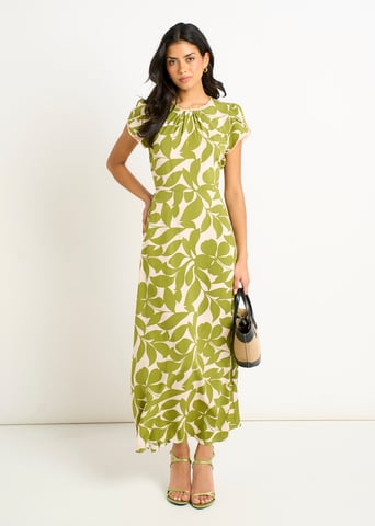 Groene maxi-jurk met elastische taille en bloemenkraag