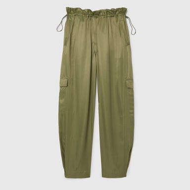 Women's Lacoste Oversized Satin Cargo Pants in Khaki
