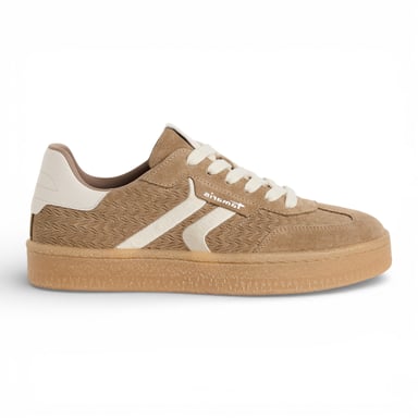 Tamaris dames sneakers van taupekleurig leer met witte strepen