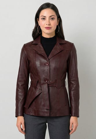 Leather Jacket Belted Button-Up Classic Leather Jacket