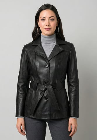 Leather Jacket Belted Button-Up Classic Leather Jacket