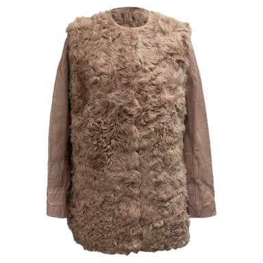 Maje Textured Shearling Coat in Pink Lamb Leather