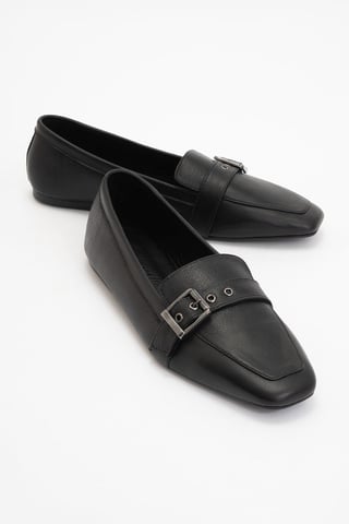 Noir Leather Flat Loafers Women