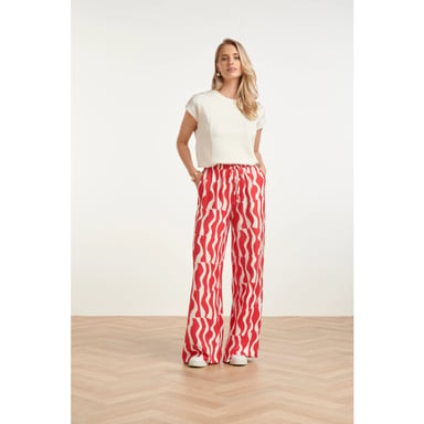 Smashed Lemon Wijde broek met rood-witte golvende print |