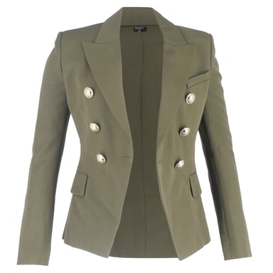 Balmain Double-Breasted Blazer with Pockets in Olive Wool