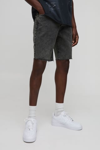 Straight Fit Washed Raw Hem Denim Shorts