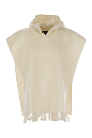 Double Knit Wool And Cashmere Poncho With Hood And Fringes