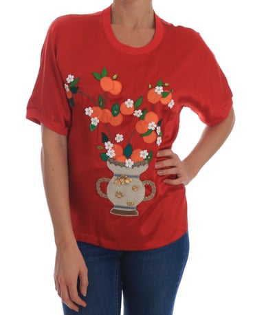 Dolce Gabbana Orange Vase Embroidered Silk Top