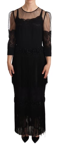 Dolce Gabbana Midi Klänning 34 Ärmar Spets Fransar