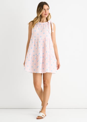 Roze katoenen mini-jurk met bloemenprint en strepen