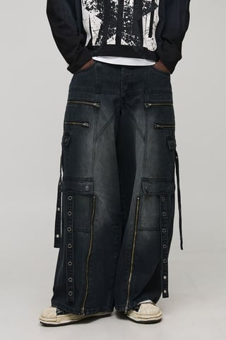 Super Baggy Strap Detail Cargo Washed Jeans