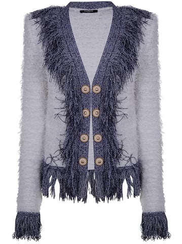 Collarless Glittered Fringed Tweed Jkt