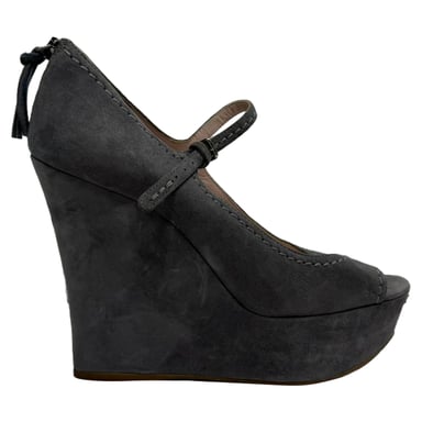 Miu Miu Mary Jane Peep-Toe Wedge Pumps in Grey Suede