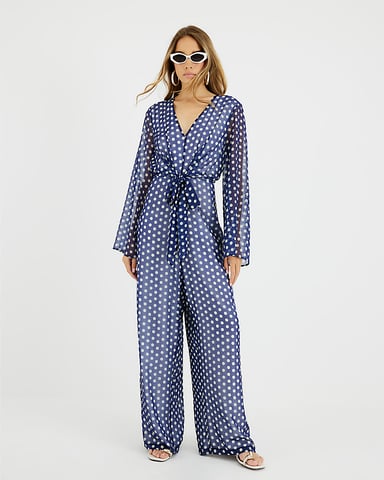 River Island Womens Jumpsuit Navy Polka Dot Tie Front