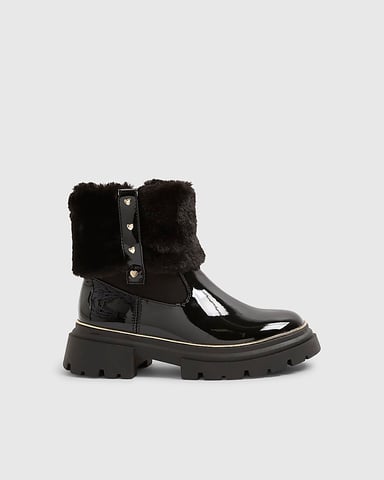 River Island Girls Boots Black Faux Fur Cuff Patent